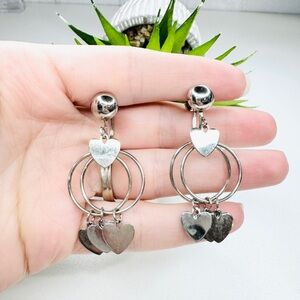 Vintage Heart Charm Hoop Post and Dangle Silver Tone Screw On Earrings
